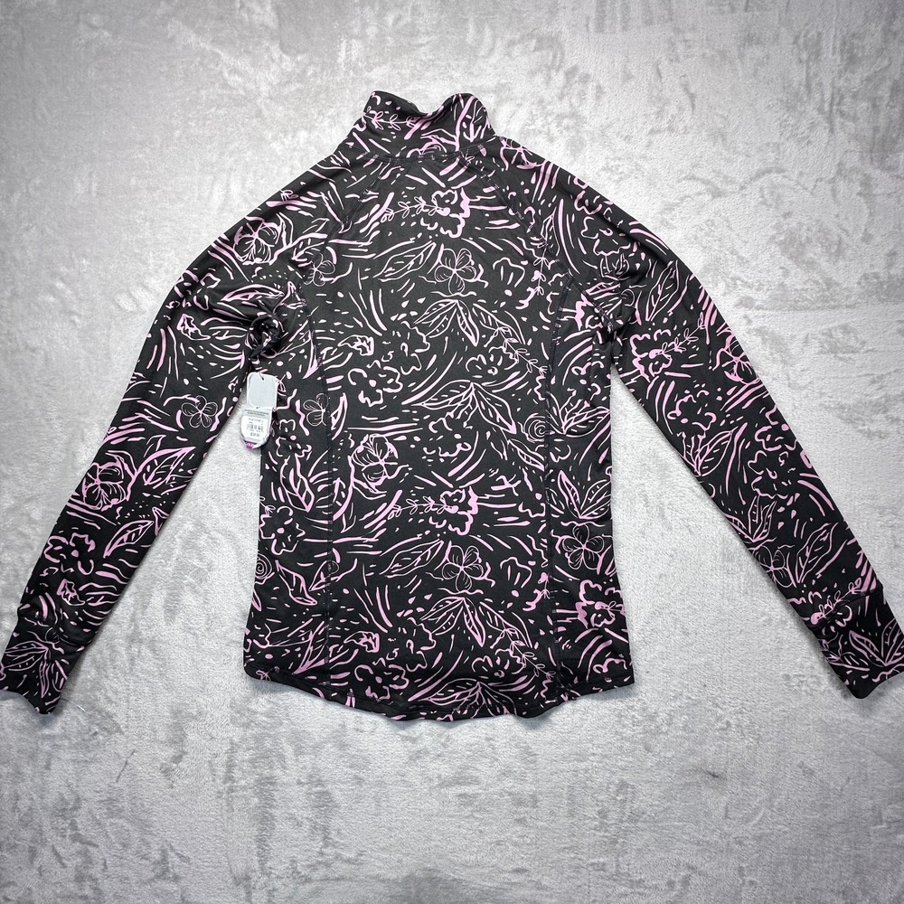 Colosseum Top Womens Medium Black‎ Rose Print Long Sleeve Athletic Side Zip Mock